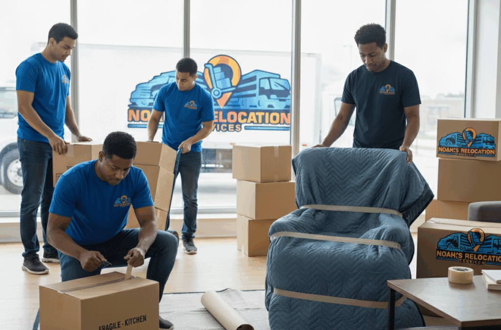Professional Virginia movers packing and wrapping furniture and fragile items for safe interstate transportation.