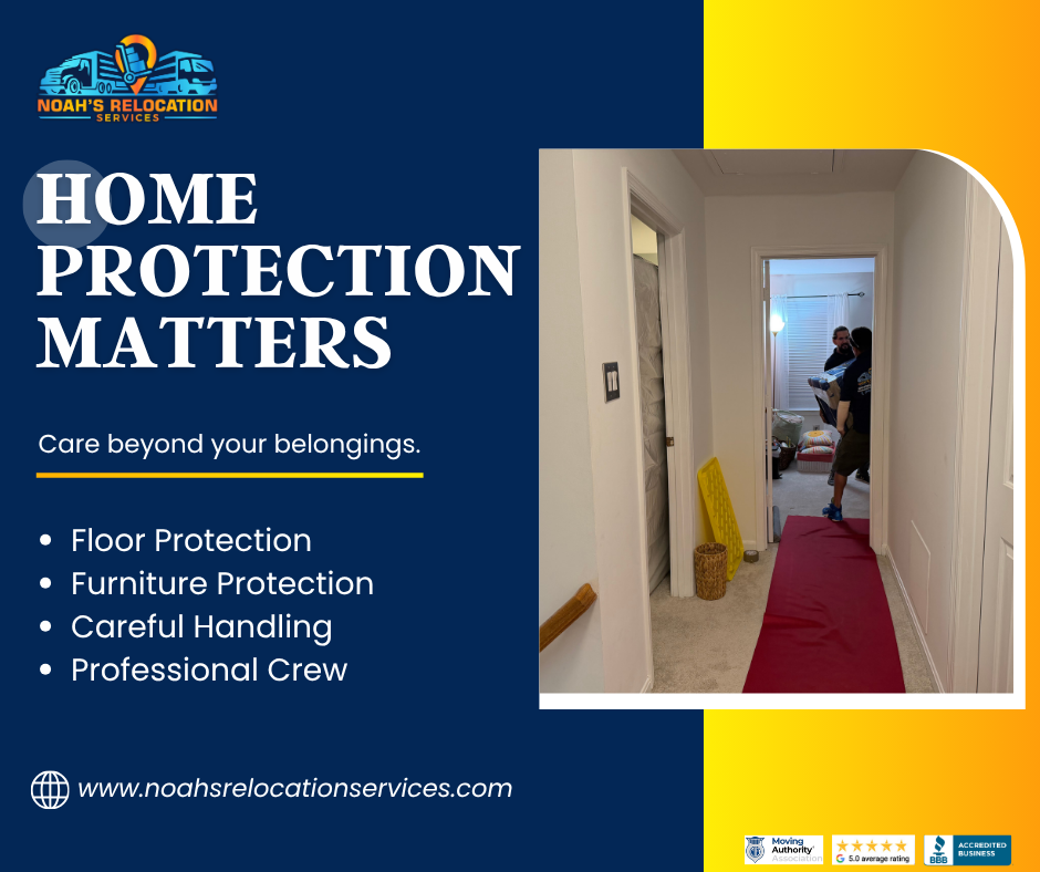 Professional movers protecting hardwood floors during a residential move