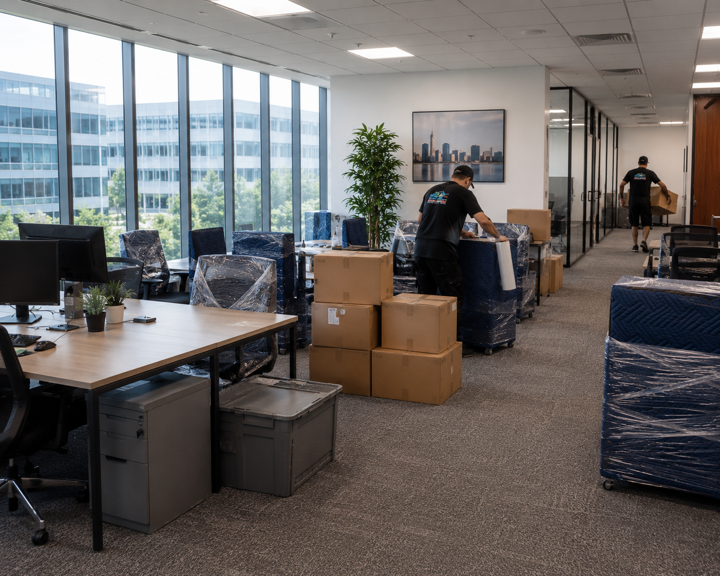 Professional movers packing and protecting commercial furniture in Northern Virginia